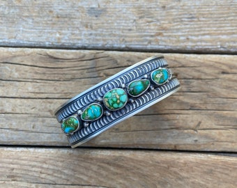 ON SALE Gorgeous five stone Sonoran Gold turquoise cuff bracelet handmade and signed in sterling silver with gorgeous stamping