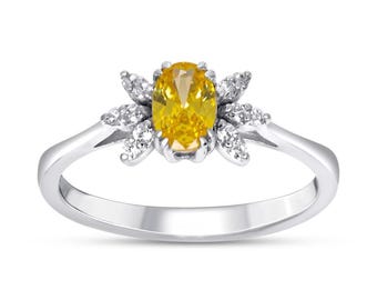 14K White Gold Citrine and Diamond Ring – Oval Natural Gemstone Engagement or Anniversary Gift