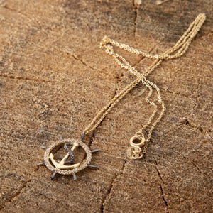 Solid Gold Anchor Ship Wheel Necklace: Zircon Nautical Pendant