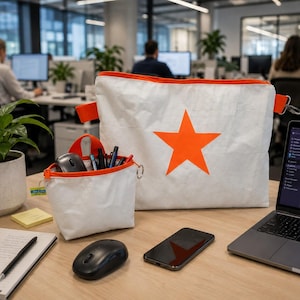 May include: A white rectangular zippered pouch and a smaller white zippered pencil case, both featuring a bright orange star graphic and orange trim. The pouches are positioned on a desk alongside a laptop, a black computer mouse, and a smartphone.
