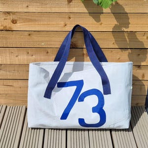 Large White Sailcloth Shoulder Bag with Blue Handles & No. 73 – Handmade Oversized Tote