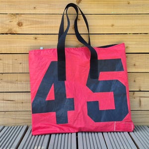 Red Sailcloth Tote Bag, Upcycled Nautical Shoulder Bag with Original Sail Numbers, Eco-Friendly Beach, Gym, Market, and Daily Carry