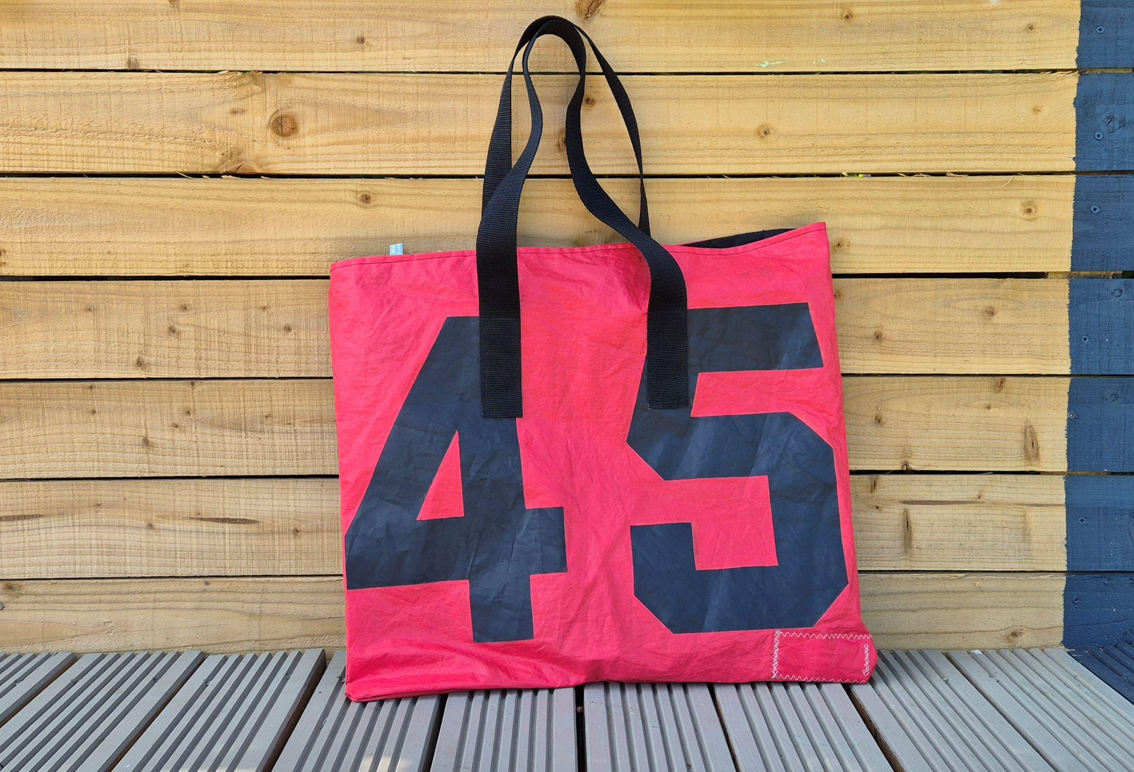 Red Sailcloth Tote Bag, Upcycled Nautical Shoulder Bag with Original Sail Numbers, Eco-Friendly Beach, Gym, Market, and Daily Carry