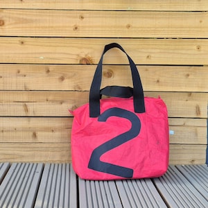 Zipped Tote Bag - Shoulder Bag - red Tote Bag - Upcycled Sailcloth Tote Bag - with black Zipper and No. 2,