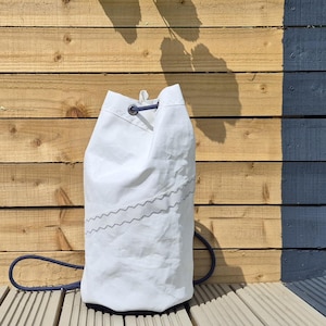 White Recycled Sailcloth Duffel Bag – Blue Rope and Stitching, Canvas Base – Nautical & Unique