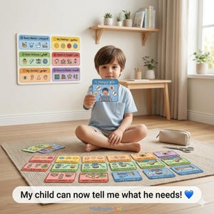 Arabic English Bilingual Flashcards Printable | 48 Kids Learning Cards | Feelings Senses Daily Routine | Homeschool PDF