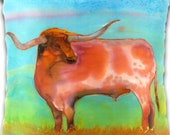 Texas Longhorn Cow Decor, Silk Art Painting, Farmhouse Pillow
