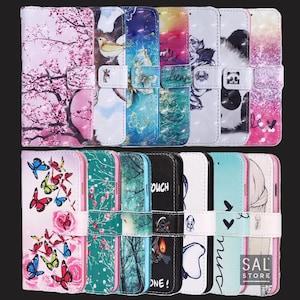 May include: A selection of vibrant phone cases with diverse designs. The cases display images of cherry blossoms, butterflies, a panda, and abstract patterns. Each case has a magnetic closure and a white strap.