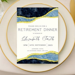 Invitations modifiables pour un dîner de retraite, thème bleu et or : programme, menu, marque-places, étiquettes cadeaux et liste de contrôle inclus.