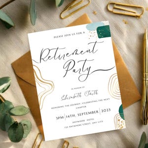 Elegant Retirement Invitation Template for Digital Download, Editable Abstract Green and Gold Invitation, Printable Celebration Card