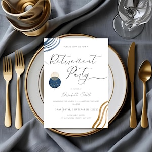 Modèle d'invitation de départ à la retraite bleu marine et or, carte Canva élégante et imprimable, téléchargement numérique instantané pour fête