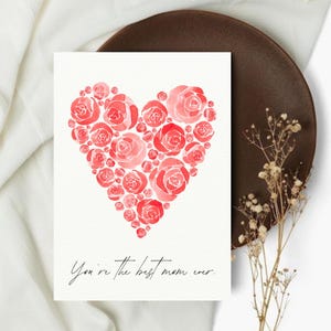 Druckbare Muttertagskarte mit rosa Rosenherz – Blumenkarte für Mama – Muttertagsgrußkarte 5x7 – Dankeskarte „Mama“, rosa.