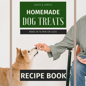 Puede incluir: Un perro marrón y blanco mirando hacia arriba a la mano de una persona que sostiene una golosina para perros. La imagen tiene texto que dice "QUICK & SIMPLE HOMEMADE DOG TREATS MAKE IN 10 MIN OR LESS! RECIPE BOOK".