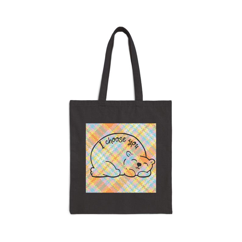 Tote Bag, Sleeping Bear Illustration, "I Choose You" Text, Pastel Plaid Canvas Tote image 2