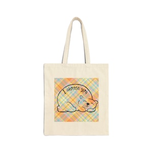 Tote Bag, Sleeping Bear Illustration, "I Choose You" Text, Pastel Plaid Canvas Tote image 1