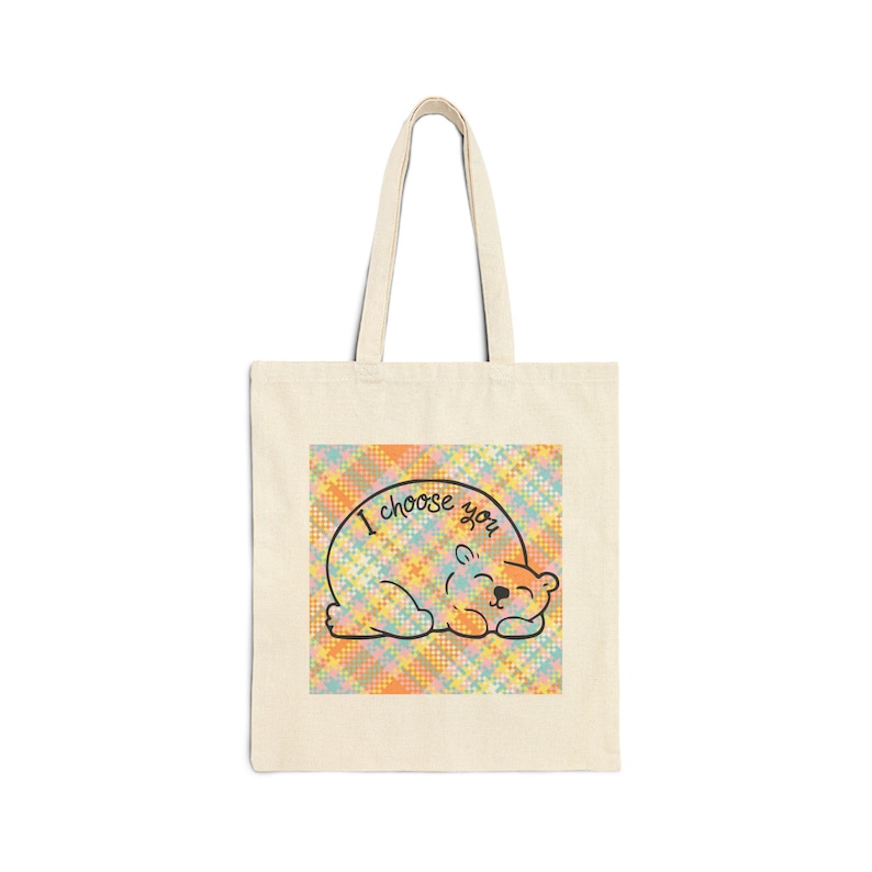 Tote Bag, Sleeping Bear Illustration, "I Choose You" Text, Pastel Plaid Canvas Tote image 1