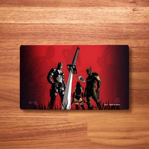 May include: Rectangular mousepad featuring a comic-style illustration of three figures with a large sword against a red backdrop. The figures are in a grassy area with a blurred background. The mousepad has the text "MOX" and "Aber - Blade of Selves".