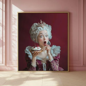 May include: A woman wearing a white wig and a crown holds a plate with a slice of cake topped with whipped cream and cherries. She is wearing a burgundy and gold dress with lace trim. The background is a deep red.