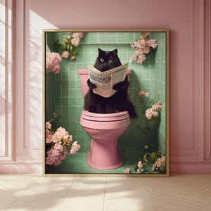 Gatto sul water, poster digitale – Arte, umorismo e decorazioni vintage | Illustrazione divertente da stampare per il bagno o la toilette