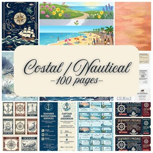 Peut inclure: Un ensemble de 100 pages aux motifs côtiers et nautiques, incluant des illustrations de navires, boussoles, phares, plages, timbres vintage, cartes d'embarquement et cartes de visite aux thèmes maritimes dans des tons bleus, beiges et orangés.
