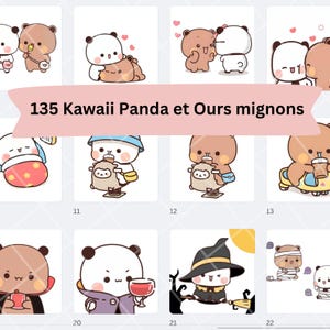 Pareja de pandas kawaii, 135 imágenes de adorables pandas enamorados, Budu y Dudu, ilustración digital imprimible, animal adorable