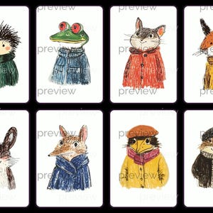 Whimsical illustrated animal characters in colorful scarves and coats - Perfect for playing flashcards with children