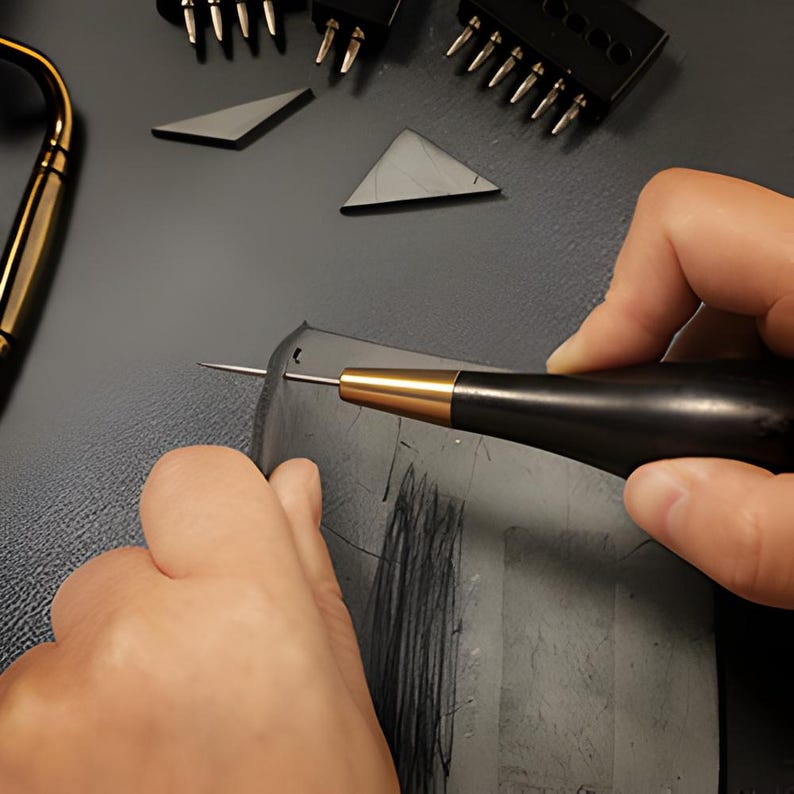 Pode incluir: Uma pessoa usando um furador preto e dourado para perfurar um material cinza escuro. O furador tem uma ponta dourada e uma al&ccedil;a preta. Outras ferramentas e pequenas pe&ccedil;as pretas est&atilde;o espalhadas na superf&iacute;cie escura.