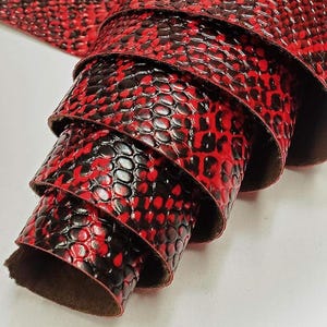May include: Rolled-up red and black faux leather material with a snakeskin pattern. The material is tightly rolled, revealing the textured surface and the brown underside. The pattern is a mix of red and black, creating a striking visual.