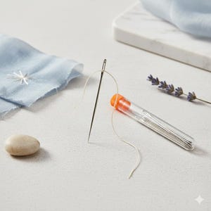 May include: A close-up shot of sewing supplies, including a needle threaded with cream-colored thread, a clear tube of needles with an orange cap, a piece of light blue fabric with white embroidery, a small stone, and a sprig of lavender.