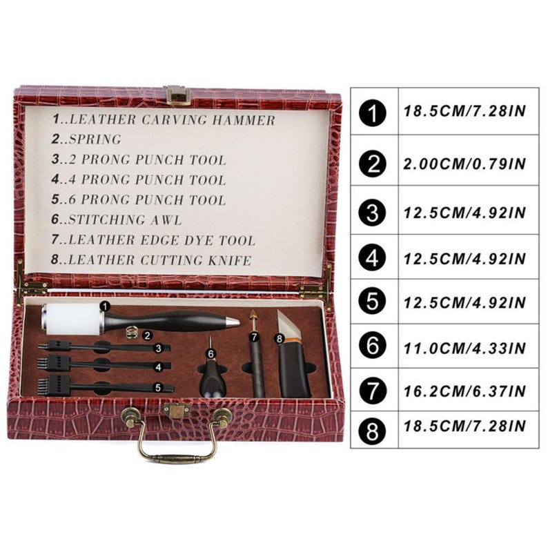 Pode incluir: Um kit de ferramentas para artesanato em couro em uma caixa bord&ocirc;. O kit inclui um martelo de entalhe em couro, uma mola, ferramentas de pun&ccedil;&atilde;o de garfo, uma sovela de costura, uma ferramenta de tingimento de bordas e uma faca de corte de couro. Medidas em cm e polegadas.