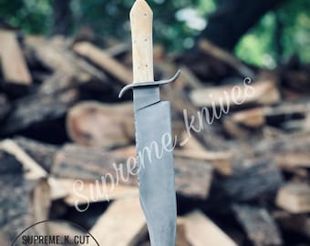 Handgemaakt J2 stalen bowiemes, carbon gevest, leren schede