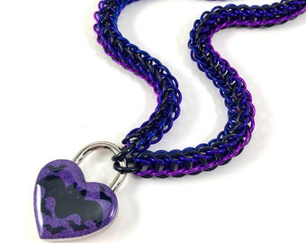 Spooky Bats Purple and Black Chainmaille Day Collar Halloween Heart Padlock Necklace