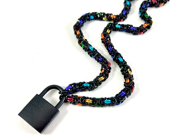 Unisex Submissive Day Collar Black and Rainbow Chainmail Choker with Padlock