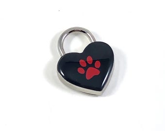Silver and Black Heart Padlock with Red Paw Print