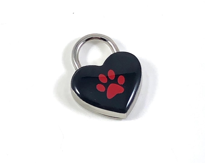 Silver and Black Heart Padlock with Red Paw Print