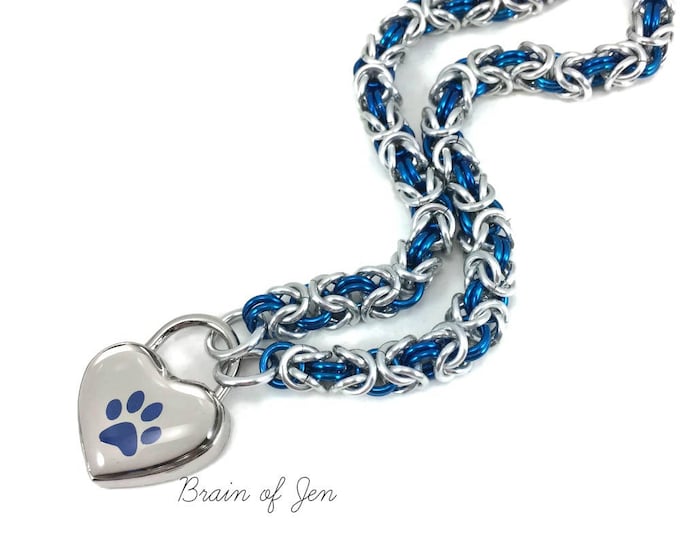 Submissive Day Collar Silver & Cobalt Blue Paw Print Heart Lock Padlock Necklace Puppy Kitten Slave Collar