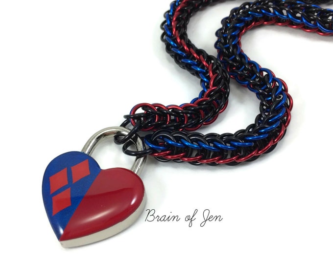 Women's Slave Collar Harley Quinn Inspired Red and Blue Heart Lock