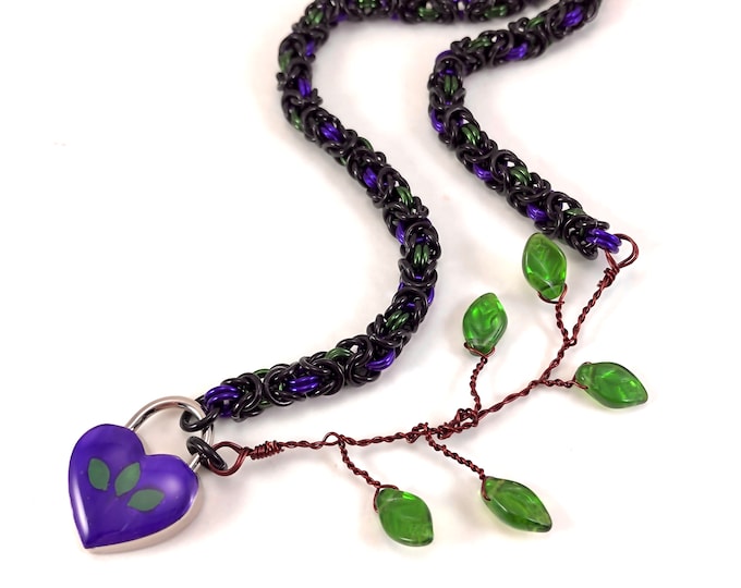Poison Ivy Inspired Submissive Day Collar in Black, Purple and Green with Small Heart Lock