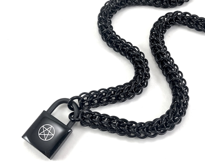 Mens Submissive Day Collar Black & Silver with Pentagram Lock Chainmail Padlock Necklace