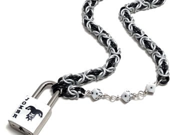 Black and White Asymmetrical Chainmaille Day Collar Joker Card Padlock Necklace with Dice