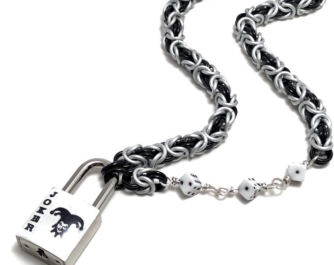 Black and White Asymmetrical Chainmaille Day Collar Joker Card Padlock Necklace with Dice