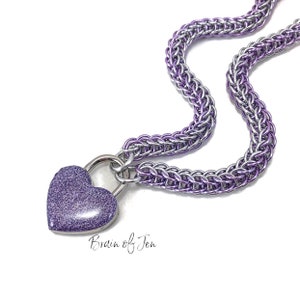 Lavender & Silver Slave Collar with Sparkly Lavender Heart Shaped Lock