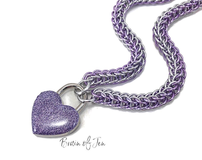 BDSM Locking Submissive Day Collar in Silver and Lavender Purple