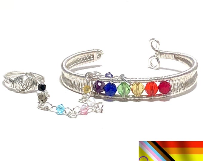 Silver Cuff Bracelet and Ring Combo with Rainbow Progress Pride Flag Swarovski Crystal Chain