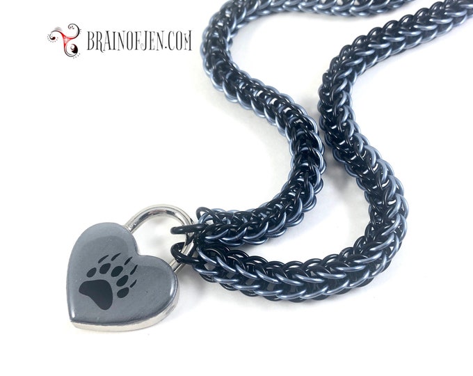 Bear Paw Slave Collar Black and Gunmetal Gray Submissive Day Collar with Heart Lock