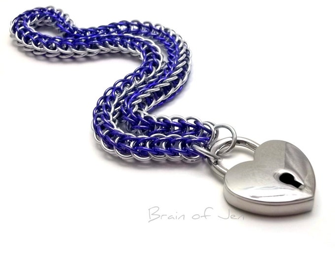 BDSM Collar Violet Purple and Silver Submissive Day Collar with Heart Padlock