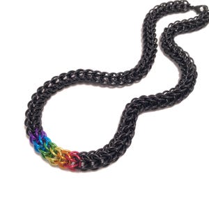 Può includere: Una collana a catena nera con una sezione arcobaleno. La catena è in metallo e ha un design intrecciato.