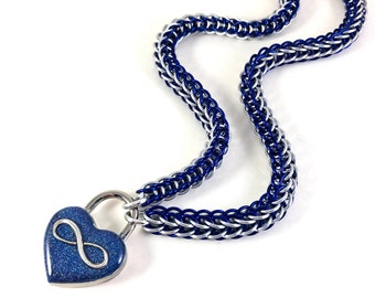 Eternity Collar Polyamory Slave Collar Cobalt Blue & Silver Infinity Symbol Blue Heart Lock