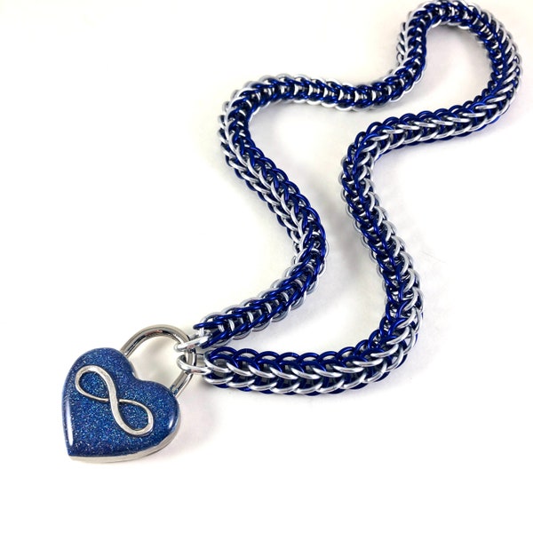 Eternity Collar Polyamory Slave Collar Cobalt Blue & Silver Infinity Symbol Blue Heart Lock