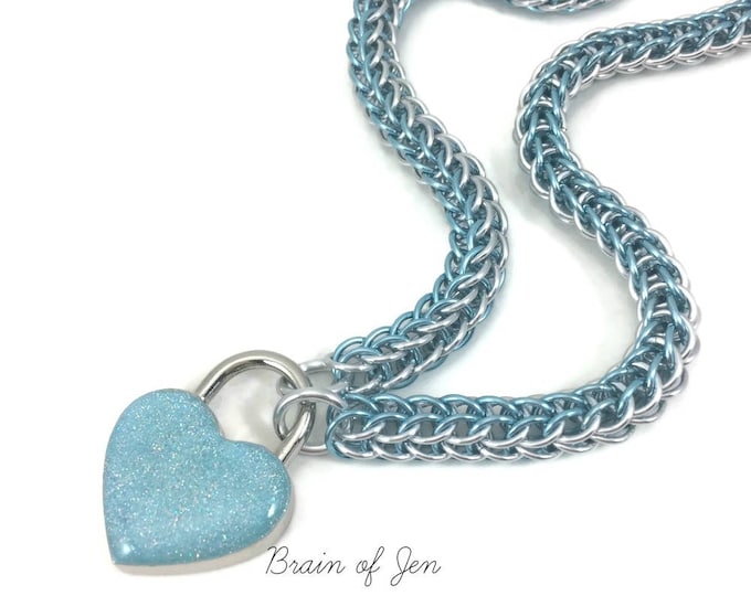 Slave Collar Ice Blue and Silver Chainmaille Submissive Collar with Sparkly Pale Blue Heart Padlock